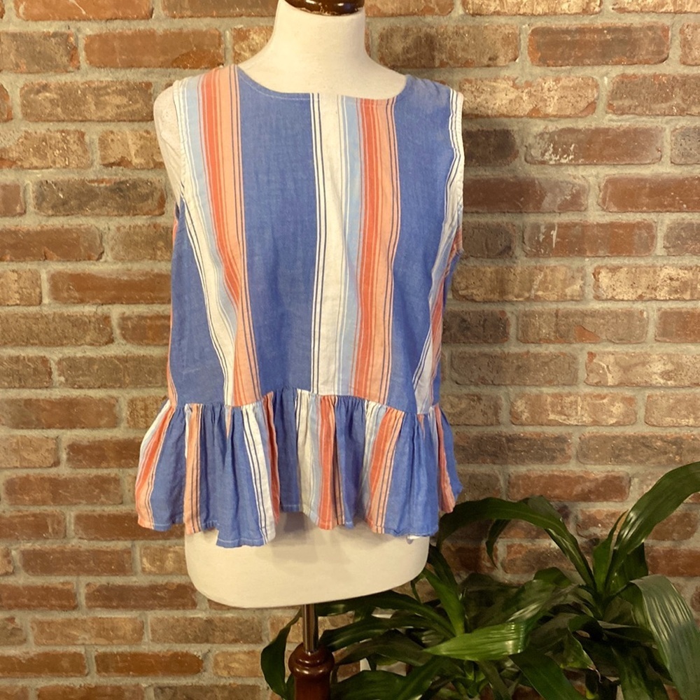 Girl Krazy Large Blue pink salmon and cream vertical striped tank